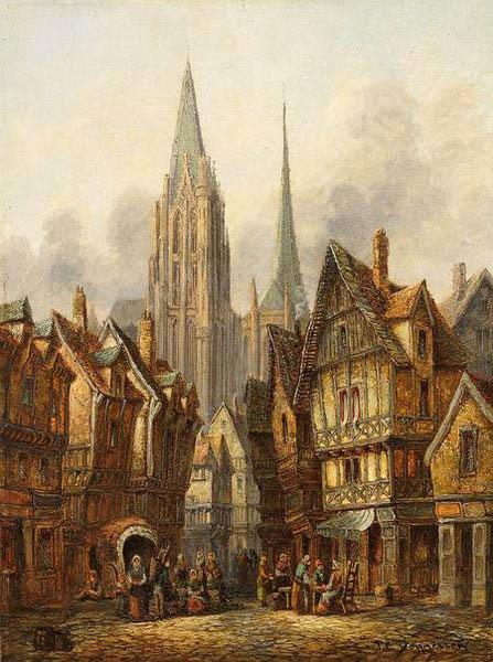 Pieter Cornelis Dommersen A gothic cathedral in a medieval city oil painting image